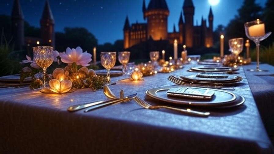 Magical outdoor dinner with floating candles and Hogwarts castle backdrop.