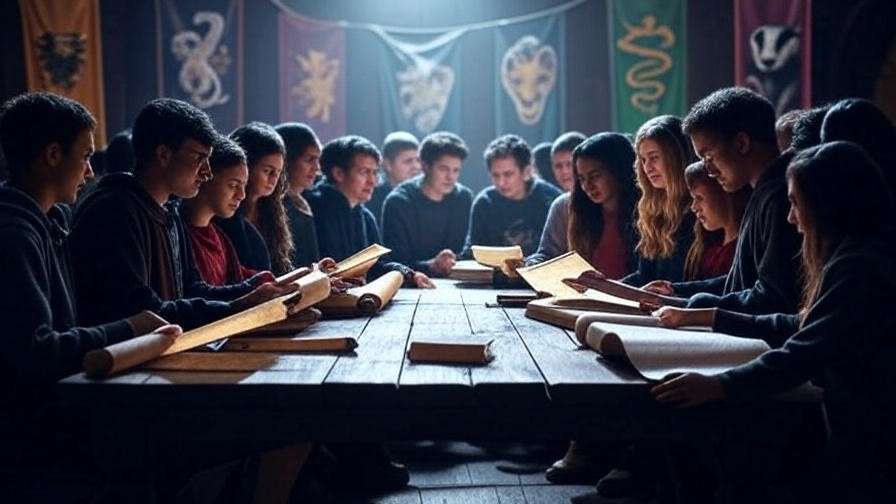 Hogwarts Great Hall with fans sharing scrolls, symbolizing the Harry Potter fanfiction community.