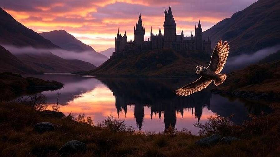 Scottish Highlands with Hogwarts Castle and flying owl at dusk