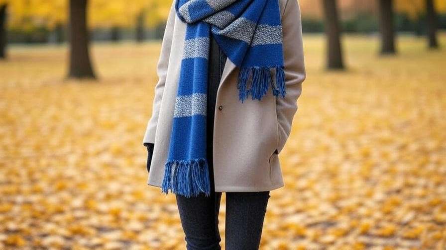 Ravenclaw scarf with blue and silver stripes styled over a coat in an autumn park, showcasing Harry Potter scarf in movie-inspired fashion. 