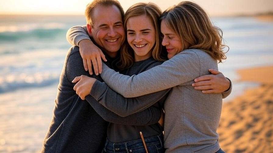 Hermione Granger reuniting with her parents on an Australian beach after the war.
