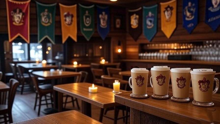Hogwarts-inspired café with house banners and butterbeer lattes in Virginia.