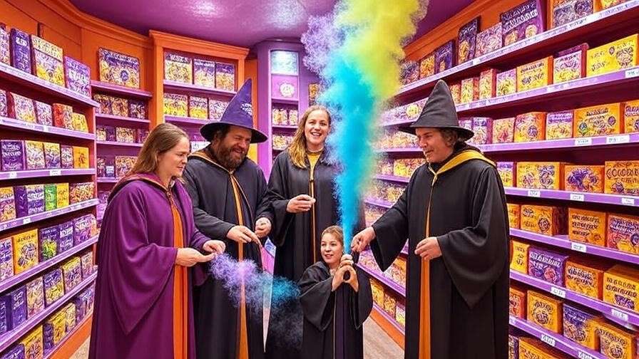 Lively interior of Weasleys' Wizard Wheezes with prank items and a laughing family