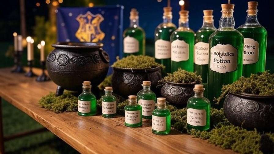 Harry Potter-themed Potions Bar with Polyjuice Potion bottles and magical party decor.