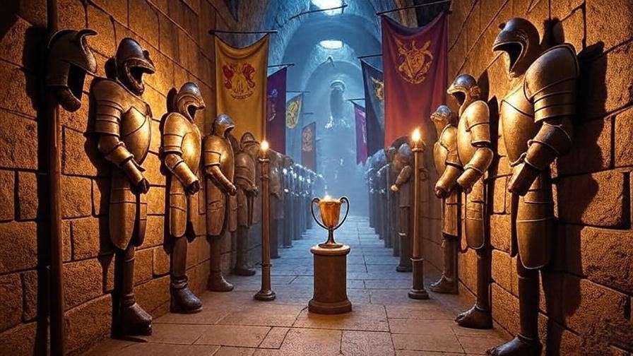 Immersive Triwizard Tournament queue with the Triwizard Cup and Hogwarts banners, part of the **Harry Potter Dueling Dragons** ride experience.
