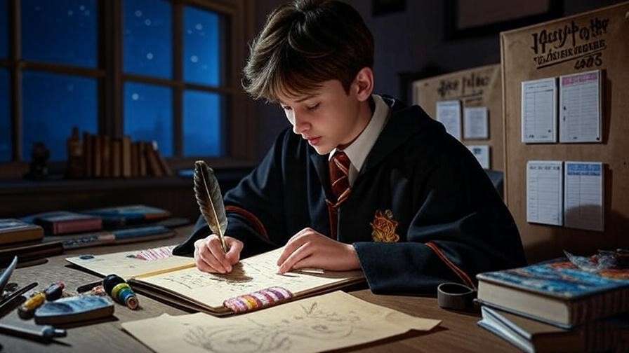Hogwarts dormitory workspace with Harry Potter planners 2025 and craft supplies under a starry night.