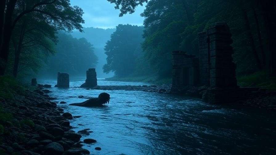 Mystical river scene with a river troll silhouette in Harry Potter historical setting