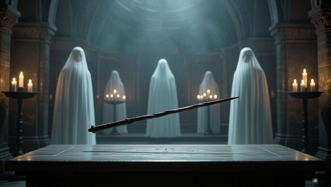 Elder wand floating above stone altar with ghostly figures in candlelit chamber