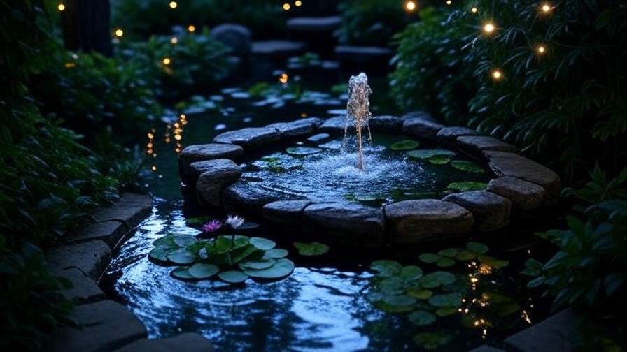 Serene Black Lake-inspired water feature with lilies and fairy lights in a Harry Potter garden.