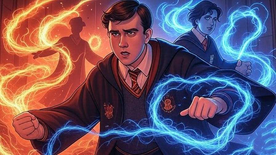 Neville Longbottom and reader cast spells in the Room of Requirement during the Battle of Hogwarts, capturing **Neville Longbottom x Reader** action-romance trope.