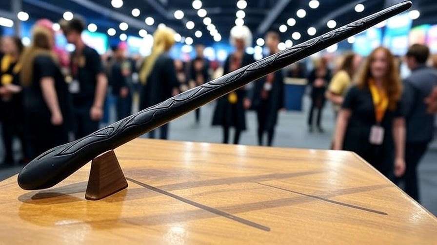 Gregorovitch Zauberstabe-inspired ebony wand replica on display at a Harry Potter fan convention, showcasing intricate carvings and fan craftsmanship. 