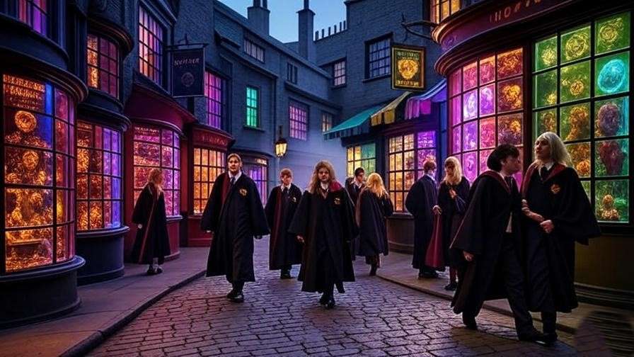 Futuristic Diagon Alley shop with holographic displays and virtual reality