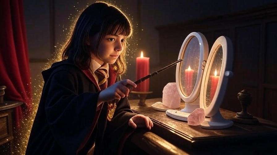 A young witch casting a spell with a wand and candle, inspired by Harry Potter, in a cozy, magical setting.
