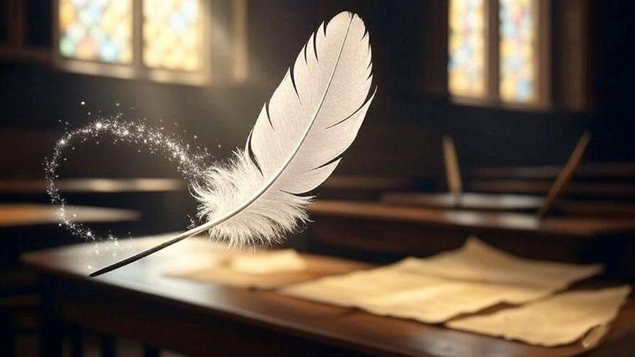 A feather levitating in a Hogwarts classroom under the Wingardium Leviosa charm, with a wand and magical sparkles, showcasing charm casting in Harry Potter.