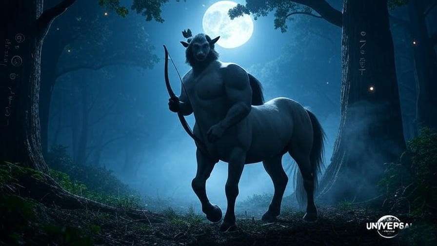 Centaur in a moonlit clearing on the Forbidden Forest Haunted Trail, surrounded by magical trees at Universal Orlando. 
