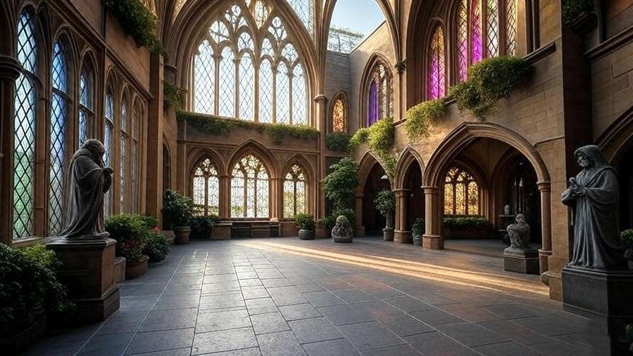 Hogwarts atrium with enchanted windows and magical floating plants.