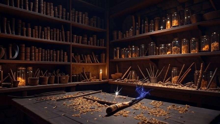 Rustic Eastern European workshop of Gregorovitch Zauberstabe, showcasing wandmaking tools, exotic woods, and glowing wand cores in a magical, candlelit setting. 