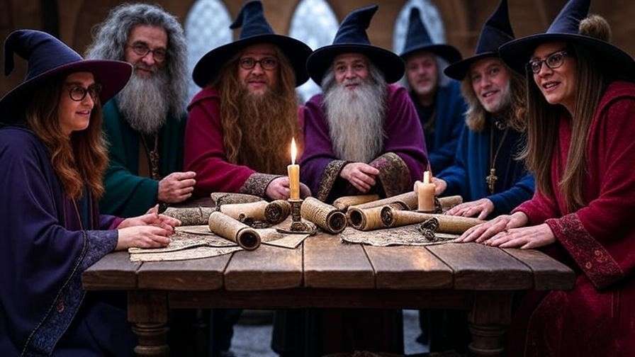 Wizards and witches sharing quiz results in a cozy hall.