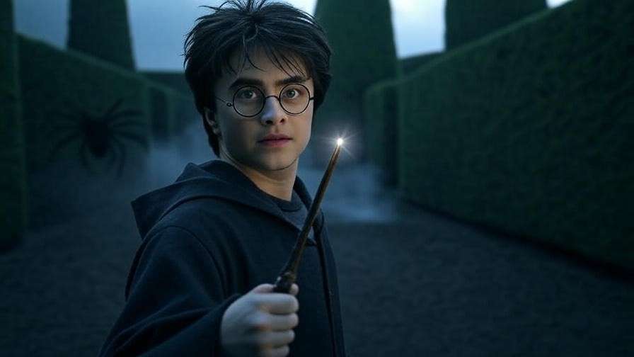 Harry Potter thinking deeply in a magical maze, solving the sphinx riddle, with a spider shadow in the background. 