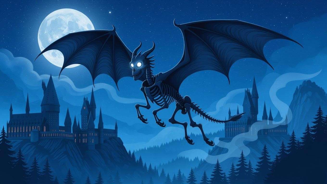 A skeletal Thestral with glowing eyes flies over a moonlit Hogwarts landscape, surrounded by mist and stars in a haunting Harry Potter illustration. 