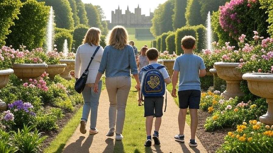 Family in Alnwick Garden near Hogwarts-inspired Alnwick Castle