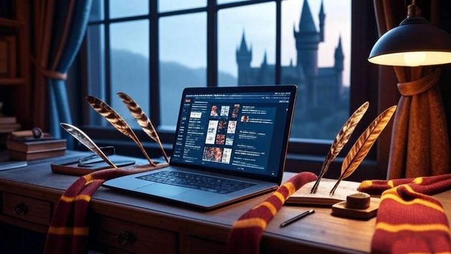 Hogwarts-inspired desk with laptop showing fanfiction platform, quills, and Gryffindor scarf, ideal for finding **Neville Longbottom x Reader** stories. 