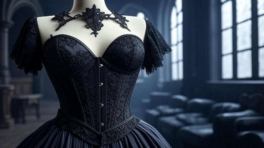 Close-up of gothic black corset with lace and leather gloves, Bellatrix clothing style inspiration.