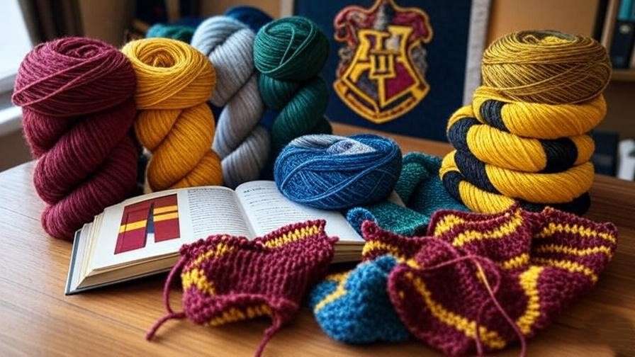 Cozy crafting setup with yarn and knitting needles for a movie-accurate Harry Potter scarf, featuring Gryffindor, Slytherin, Ravenclaw, and Hufflepuff colors. 