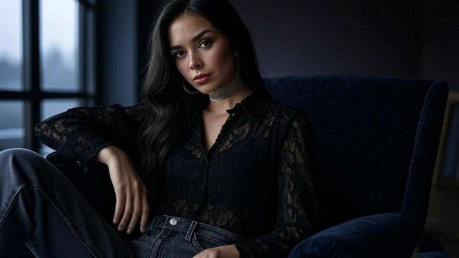 Person wearing Bellatrix-inspired casual outfit with lace blouse and choker, gothic fashion style.