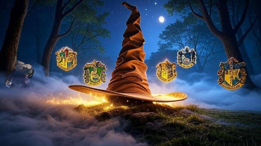 Magical Sorting Hat with Hogwarts house crests in a mystical forest scene.