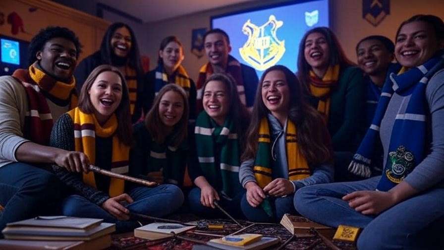 Virtual Harry Potter fan gathering with Potterheads in house scarves, a digital Hogwarts crest, and magical props, filled with joy.