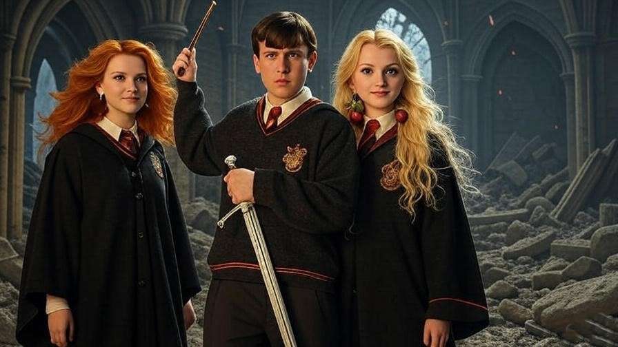 Neville, Ginny, and Luna standing together in the Battle of Hogwarts, with Neville holding the Sword of Gryffindor, Ginny casting a spell, and Luna radiating calm amidst the chaos.