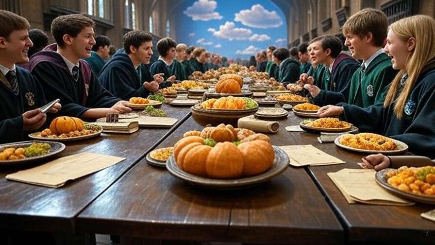 Hogwarts Great Hall at midday with students in house robes, magical dishes on tables, and an enchanted ceiling showing a bright blue sky.