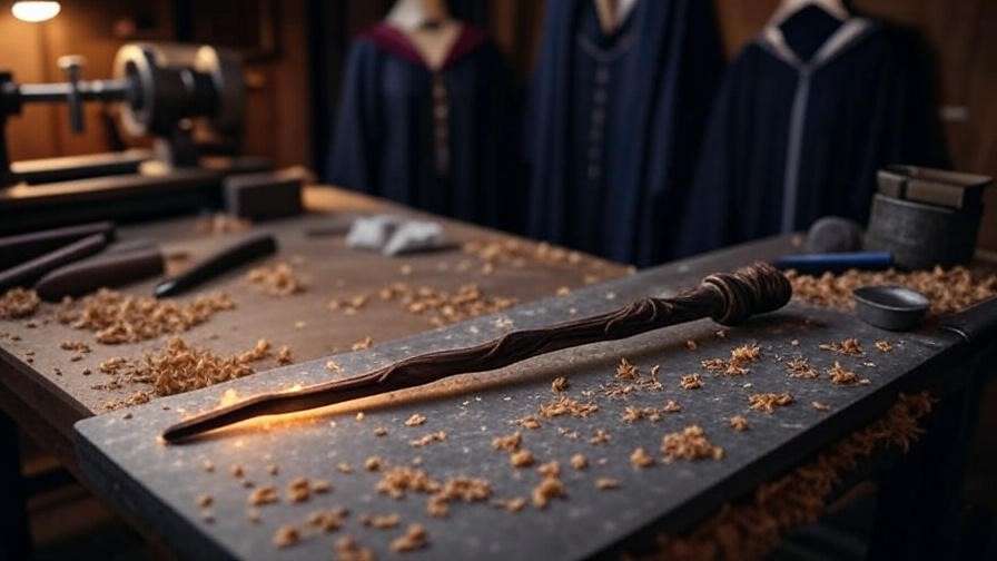  Workbench with a partially carved Narcissa Malfoy-inspired wand, tools, and cosplay materials, highlighting wand crafting for Harry Potter fans.
