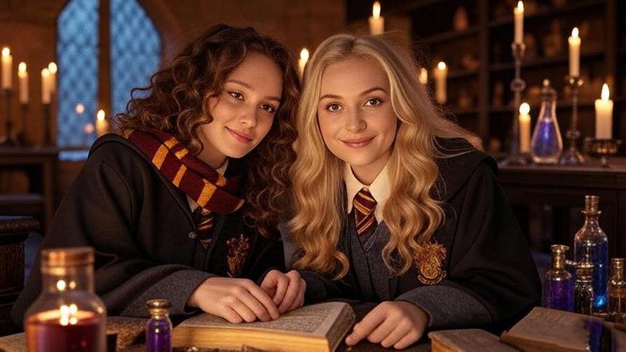 Hermione Granger and Luna Lovegood planning in the Room of Requirement with magical artifacts.