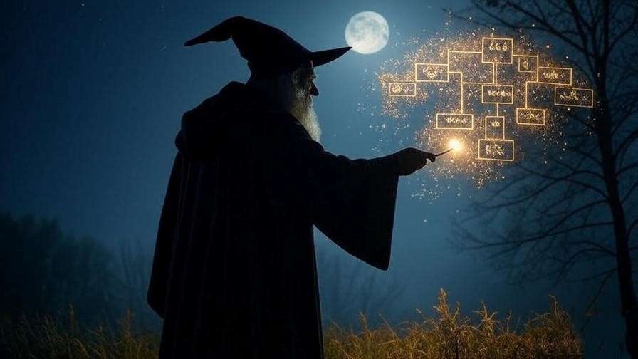 Silhouette of Harry Potter casting a spell with a glowing Potter family tree in the air