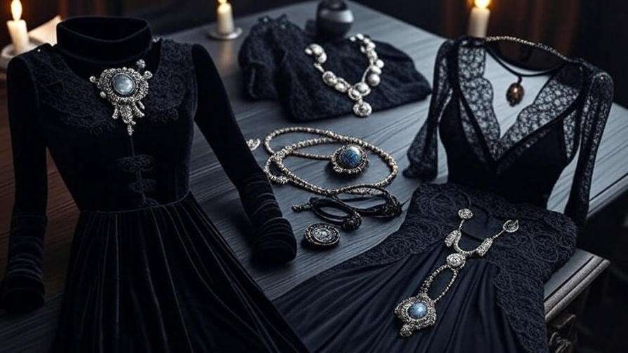 Collage of gothic fashion items like velvet dress and lace top, Bellatrix clothing shopping inspiration.