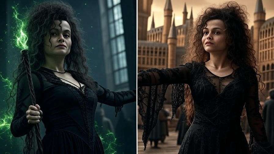 Comparison of Bellatrix’s walnut Death Eater wand and Harry’s holly wand from Harry Potter, set against a split dark and light magical background. 