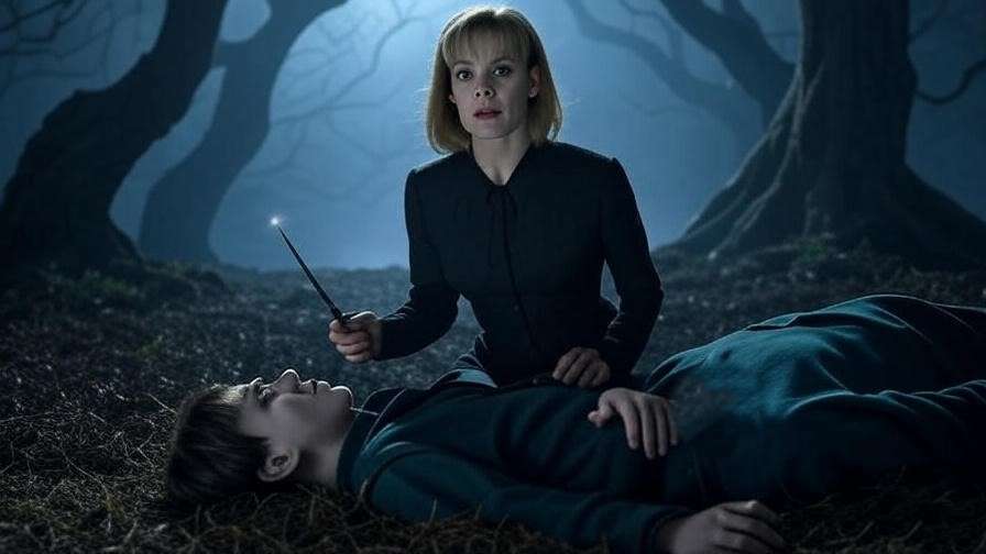 Narcissa Malfoy kneeling in the Forbidden Forest, holding her glowing wand over a figure, depicting her pivotal lie in Harry Potter and the Deathly Hallows.
