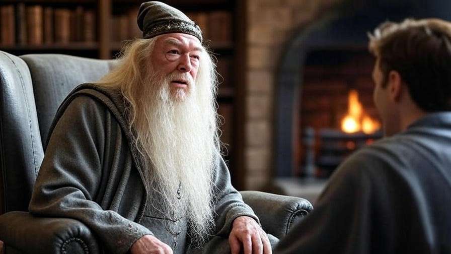 Calm discussion in Hogwarts room with Dumbledore mediating by fireplace.