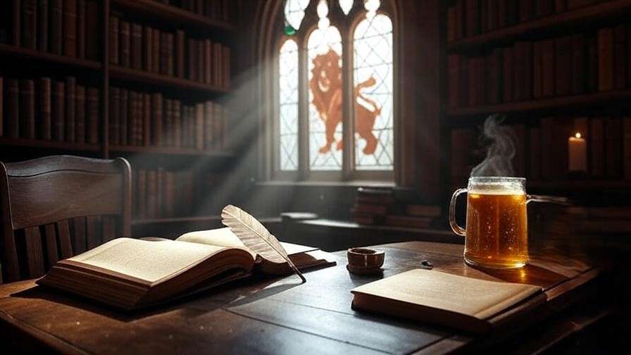 Cozy Hogwarts-inspired study with a desk, quill, butterbeer mug, and glowing spellbook, bathed in morning sunlight through a Gryffindor-themed stained glass window.