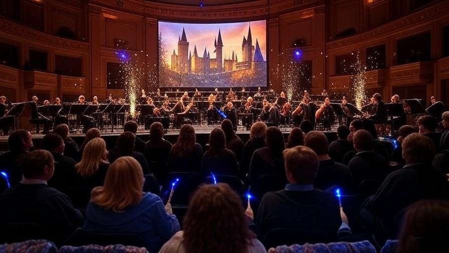 Cincinnati Pops Orchestra performing A Night at Hogwarts concert at Music Hall, with fans in house attire and a magical Harry Potter backdrop.
