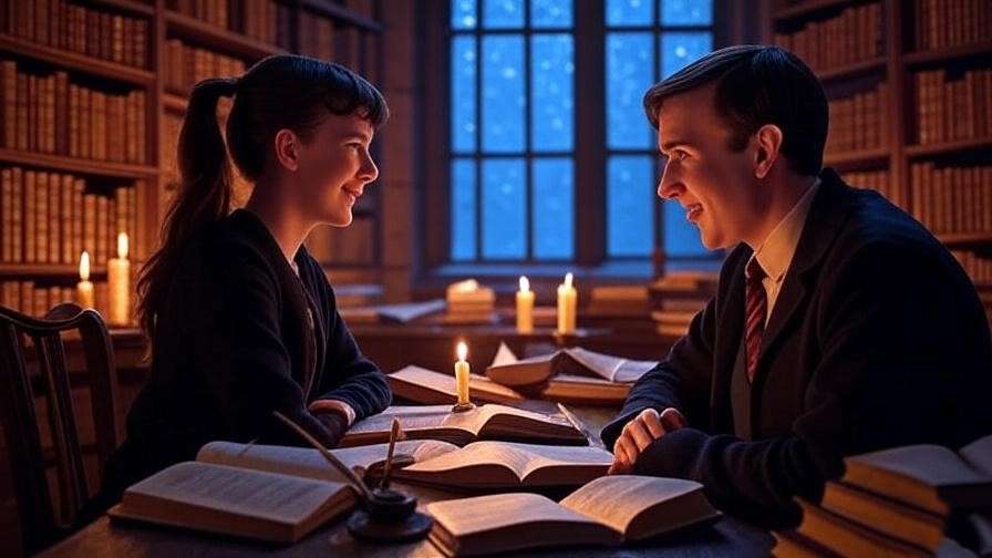 Neville Longbottom and reader share a quiet moment in Hogwarts library, surrounded by books and candlelight, perfect for **Neville Longbottom x Reader** slow-burn romance. 