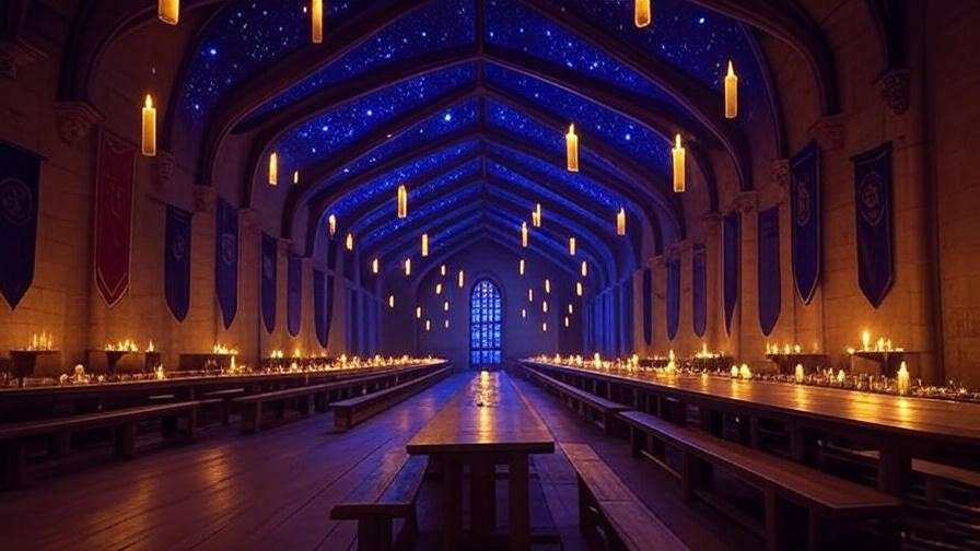 Fan-made digital **Hogwarts artwork** of the Great Hall with floating candles and a starry ceiling, showcasing the creativity of Harry Potter fan artists.