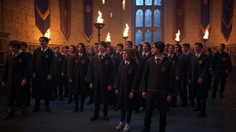 Students uniting in Hogwarts atrium with moving portraits and enchanted decorations.
