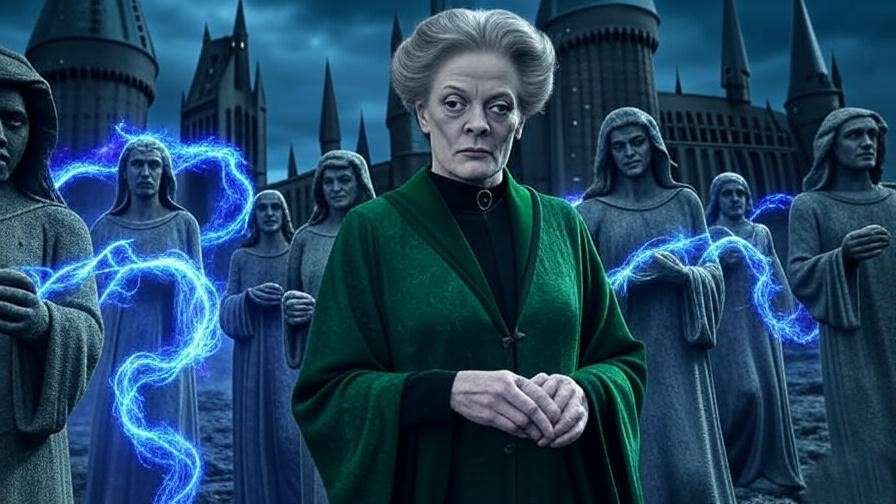 Minerva McGonagall leading animated statues in Battle of Hogwarts