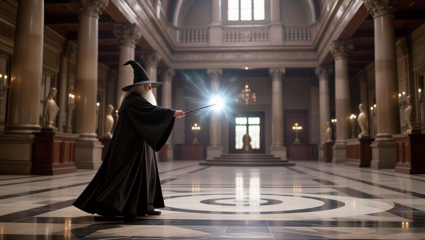 Ministry of Magic wizard casting Neutralis Residuum to clean a magical atrium floor, Harry Potter style.
