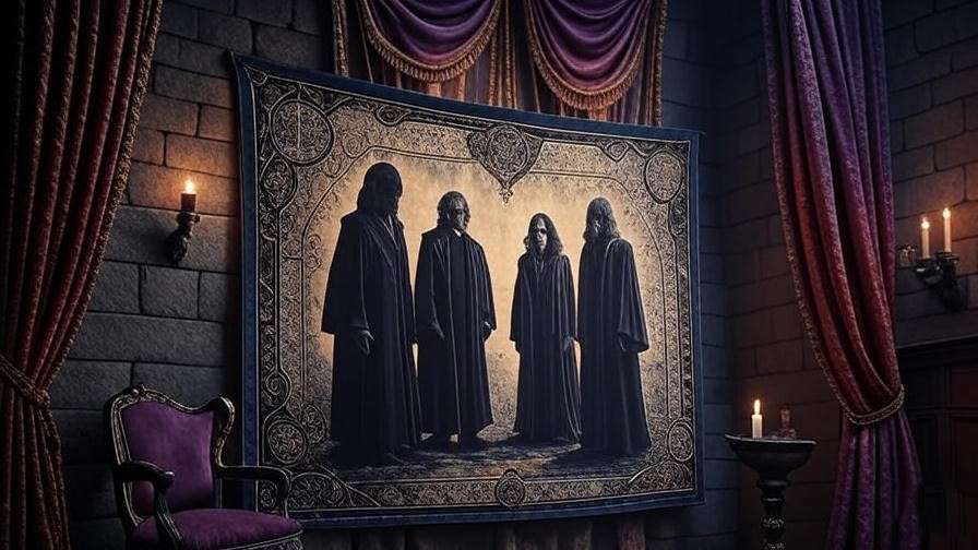 Gothic tapestry with African and Caribbean patterns featuring silhouettes of Sirius Black, Regulus Black, Bellatrix Lestrange, and Narcissa Malfoy in a magical setting.