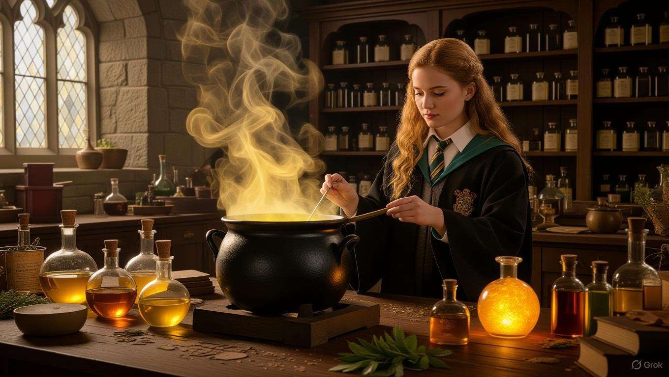 A Hufflepuff student brewing a glowing potion in a Hogwarts potions classroom, highlighting potion synergies in Harry Potter witchcraft. 