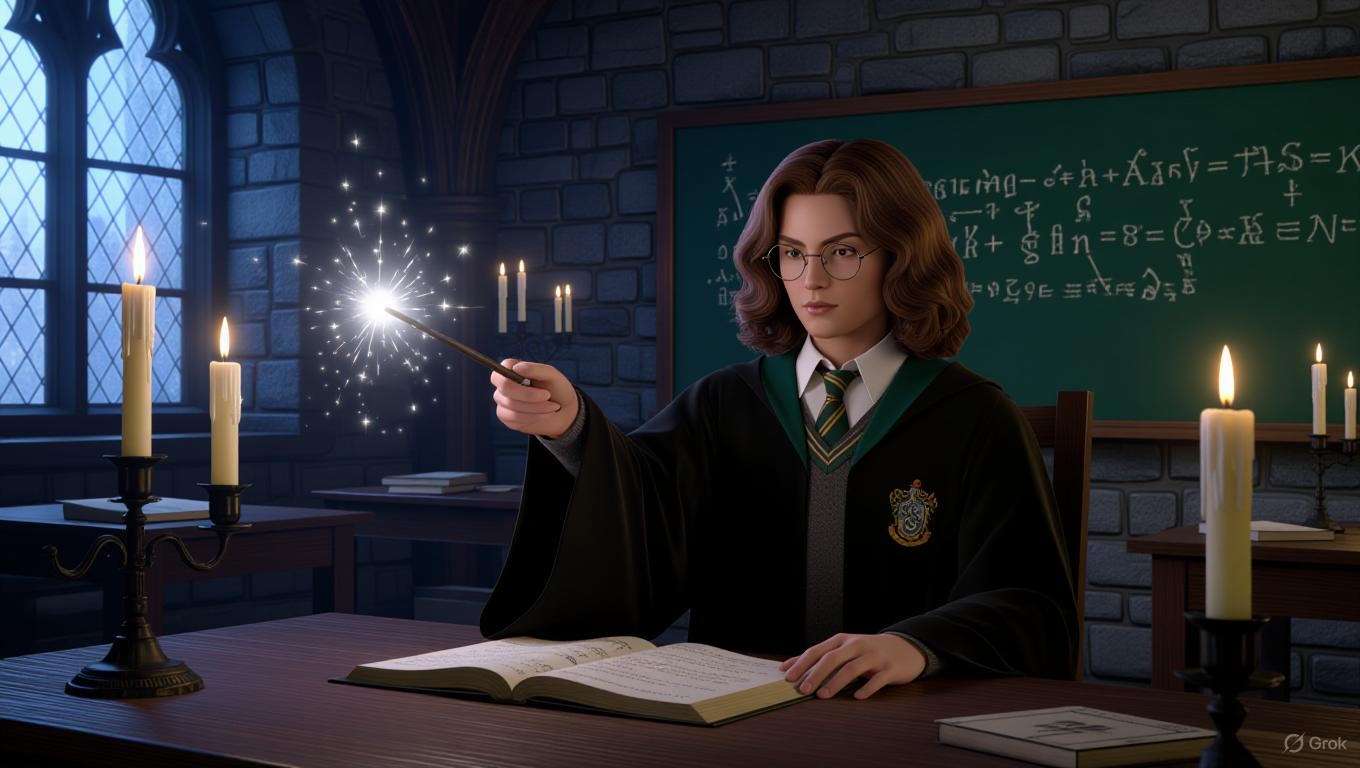 A Slytherin student practicing a nonverbal spell with a glowing wand in a candlelit Hogwarts classroom, showcasing Harry Potter witchcraft. 